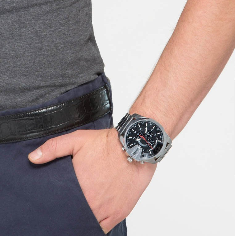 Diesel DZ4308 Mega Chief Chronograph Men's Watch – Black Dial & Silver Stainless Steel Strap